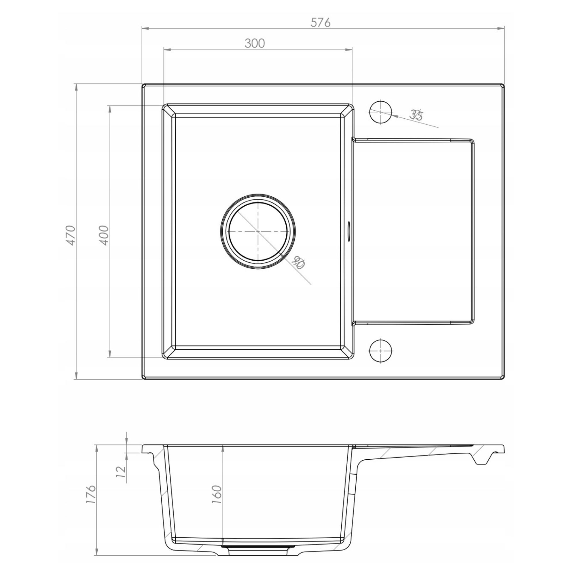 Rysunek techniczny zlewu wpuszczanego STILO